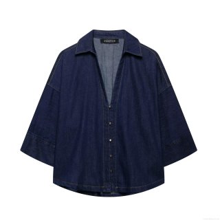 Women's Denim Two Piece Set Casual Dark Blue Cotton Blend Lapel Half Sleeve Shirt And High Waist Wide Leg Trousers Streetwear Fashion Outfits