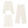 Women's 3 Piece Textured Knit Set Open Front Cardigan Sleeveless Vest And Wide Leg Pants Solid Cream Casual Loungewear Outfit