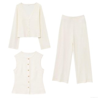 Women's 3 Piece Textured Knit Set Open Front Cardigan Sleeveless Vest And Wide Leg Pants Solid Cream Casual Loungewear Outfit