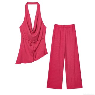 Women's 2 Piece Outfits Sexy Halter Backless Crinkle Texture Top and High Waist Wide Leg Pants Set Solid Color Summer Streetwear Casual Co-ord Suit