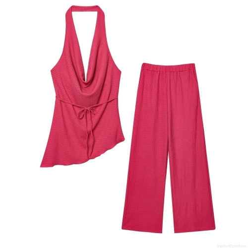 Women's 2 Piece Outfits Sexy Halter Backless Crinkle Texture Top and High Waist Wide Leg Pants Set Solid Color Summer Streetwear Casual Co-ord Suit