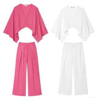 Women's Casual Two Piece Set Kimono Style V-Neck 3/4 Batwing Sleeve Top And Wide Leg Pants Asymmetric Solid Color Polyester Linen Look Outfit
