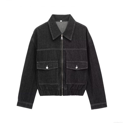 Women Denim Effect Cargo Jacket And Wide Leg Pants Two Piece Set Streetwear Casual Long Sleeve Zip Up Top High Waist Denim Trousers