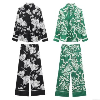 Women's Floral Abstract Print Satin Pajamas Set Two Piece Long Sleeve Lapel Shirt And High Waist Wide Leg Pants Casual Lounge Streetwear Fashion Set