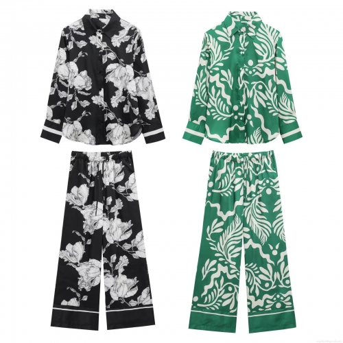 Women's Floral Abstract Print Satin Pajamas Set Two Piece Long Sleeve Lapel Shirt And High Waist Wide Leg Pants Casual Lounge Streetwear Fashion Set