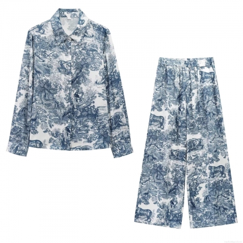 Women's French Retro Toile de Jouy Animal Print Two Piece Set Long Sleeve Button Down Shirt And High Waist Wide Leg Pants For Resort Travel Casual Daily Wear