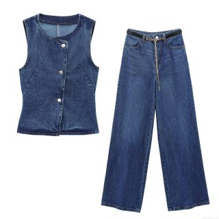 Women's Denim Two-Piece Set Washed Cotton Sleeveless Vest Waistcoat And Wide Leg Jeans With Metal Chain Belt Streetwear Casual Pants Outfit For Women