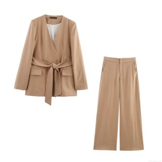 Women's Two Piece Pants Set Casual Solid Camel Blazer With Belt And Shoulder Pads High Waist Wide Leg Trousers Professional Office Outfits Streetwear Set