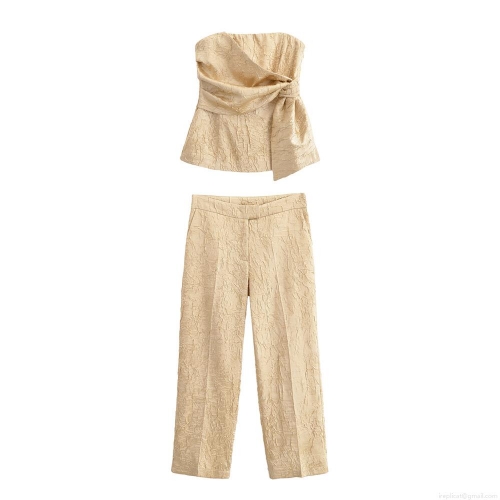 Women's Satin Pleated Two Piece Set Strapless Bandeau Top And High Waist Wide Leg Long Pants Champagne Gold Textured Summer Outfit