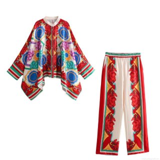 Women's Two Piece Set Floral Print Batwing Sleeve Shirt And Wide Leg Pants Satin Polyester Casual Streetwear Vacation Outfit Multi Color Print Lounge Suit