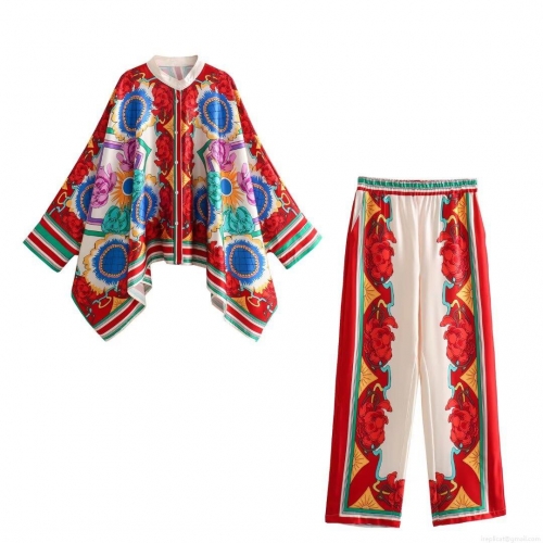 Women's Two Piece Set Floral Print Batwing Sleeve Shirt And Wide Leg Pants Satin Polyester Casual Streetwear Vacation Outfit Multi Color Print Lounge Suit