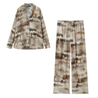 Women's Ink Marble Print 2 Piece Sets Chiffon Feel Long Sleeve Button Up Shirt And Elastic Waist Wide Leg Pants Casual Streetwear Outfits For Women