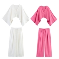 Women's Casual Linen Two Piece Set Asymmetrical V Neck Bell Sleeve Crop Top And Drawstring High Waist Wide Leg Pants Solid Color Outfits