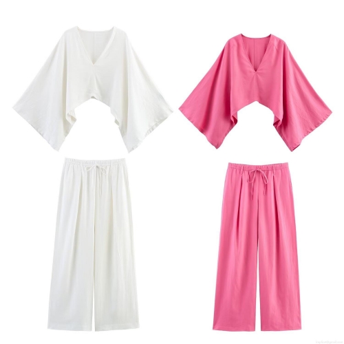 Women's Casual Linen Two Piece Set Asymmetrical V Neck Bell Sleeve Crop Top And Drawstring High Waist Wide Leg Pants Solid Color Outfits