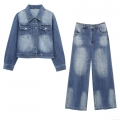 Women Retro Washed Denim Two Piece Set Short Jean Jacket and High Waist Straight Wide Leg Pants Streetwear Outfits Cotton Blend Denim Suits