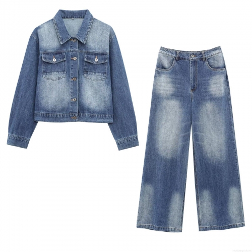 Women Retro Washed Denim Two Piece Set Short Jean Jacket and High Waist Straight Wide Leg Pants Streetwear Outfits Cotton Blend Denim Suits