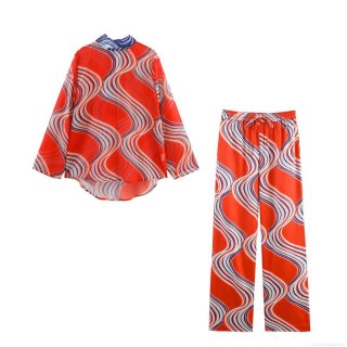 Women Abstract Wave Print Two Piece Set Polyester Bow Tie Long Sleeve Shirt And High Waist Wide Leg Pants Casual Streetwear Vacation Outfit
