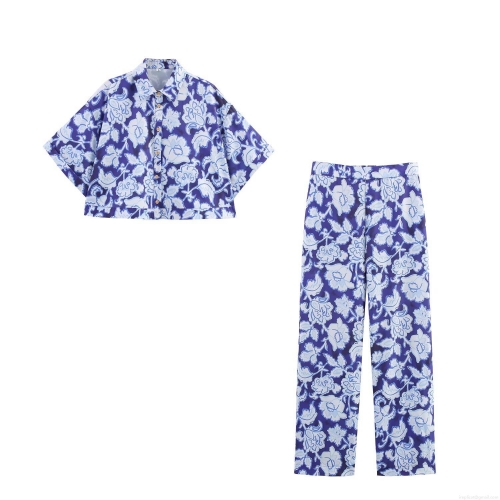 Women's Floral Print Polyester Two Piece Set Short Sleeve Crop Shirt And Straight Leg Pants Bohemian Vacation Casual Streetwear Outfit For Women