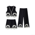 Women's Fashion Embroidery V-Neck Vest Mini Skirt and Wide Leg Pants Three-Piece Outfits Elegant Floral Lace Patchwork Black Woven Streetwear Set