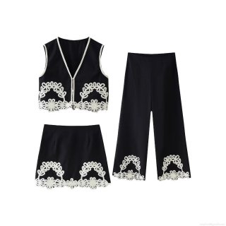 Women's Fashion Embroidery V-Neck Vest Mini Skirt and Wide Leg Pants Three-Piece Outfits Elegant Floral Lace Patchwork Black Woven Streetwear Set