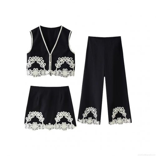 Women's Fashion Embroidery V-Neck Vest Mini Skirt and Wide Leg Pants Three-Piece Outfits Elegant Floral Lace Patchwork Black Woven Streetwear Set