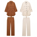 Women's Linen Cotton Blend Safari Shirt and Straight Pants Set Casual 2 Piece Outfits with Belt Button Down Long Sleeve Top and High Waist Trousers Streetwear Loungewear