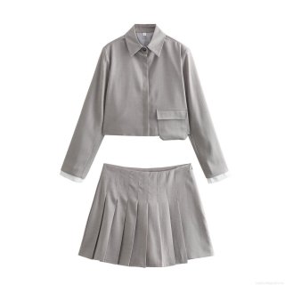 Women's Two Piece Set 100% Polyester Patch Pocket Crop Jacket And Pleated Mini Skirt-Pants Set Casual Streetwear Outfit For Ladies Grey Autumn Spring