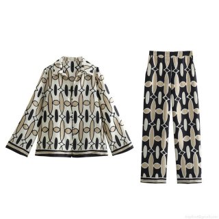 Women's 2 Piece Satin Outfit Set Geometric Printed Long Sleeve Button Up Shirt And High Waisted Wide Leg Pants Elegant Vintage Loungewear Streetwear Set