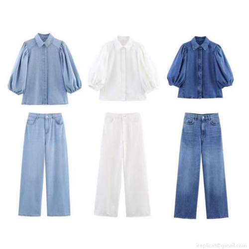 Women's Fashion Denim Shirt Puff Sleeve Blouse and High Waist Wide Leg Pants Two Piece Set Casual Streetwear Outfits Cotton Blend Denim