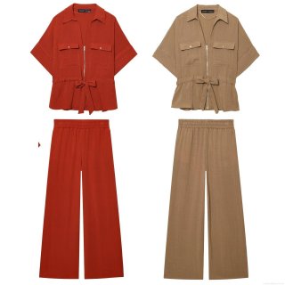 Women's Casual 2 Piece Outfits Cotton Linen Short Sleeve Zipper Shirt And High Waist Wide Leg Pants Set Safari Style Summer Streetwear Suit With Belt