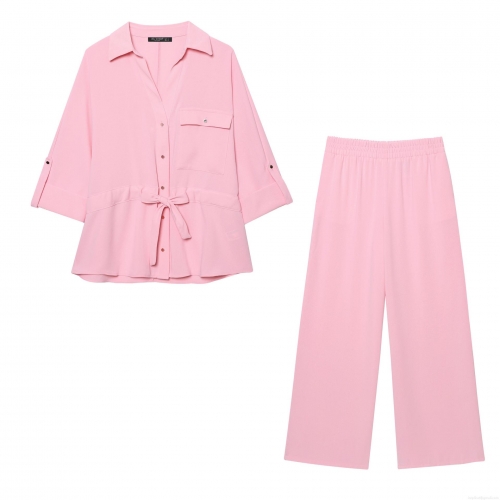 Women's 2 Piece Lounge Set Solid Color Lapel Button Down Shirt and High Waist Elastic Wide Leg Pants Streetwear Outfits for Women