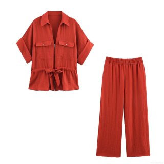 Women's Safari Style Linen Blend Two Piece Set Short Sleeve Zipper Shirt With Belt And High Waist Wide Leg Pants Casual Summer Outfits