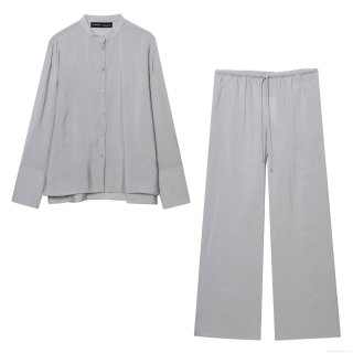 Women's Elegant Satin Two Piece Set Long Sleeve Stand Collar Shirt and Drawstring Wide Leg Pants Solid Color Modal Blend Outfits Streetwear Lady