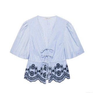 Women's Striped Embroidery Two Piece Set Polyester Tie Front Puff Sleeve Top and Wide Leg Pants Summer Casual Beach Vacation Outfits