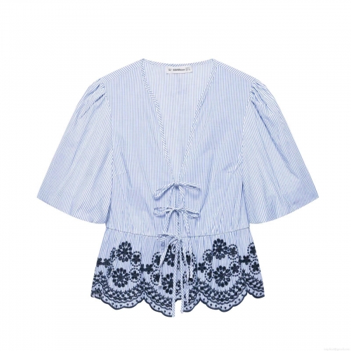 Women's Striped Embroidery Two Piece Set Polyester Tie Front Puff Sleeve Top and Wide Leg Pants Summer Casual Beach Vacation Outfits