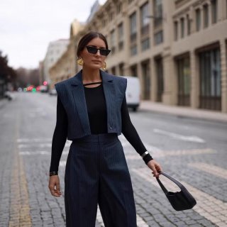 Women's Pinstripe Suit Set Sleeveless Cropped Vest And High Waist Wide Leg Pants Two Piece Outfits Polyester Stripe Office Lady Streetwear Business Casual Co-ord Set