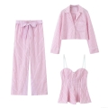 Women's Pink and White Striped 3 Piece Set Lace Trim Long Sleeve Button Up Shirt Camisole Crop Top and Wide Leg Bow Trousers Casual Loungewear Outfit
