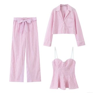 Women's Pink and White Striped 3 Piece Set Lace Trim Long Sleeve Button Up Shirt Camisole Crop Top and Wide Leg Bow Trousers Casual Loungewear Outfit