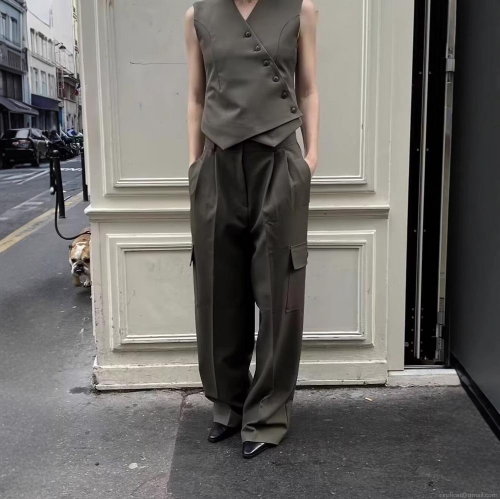 Women's Casual Two Piece Set Solid Color Diagonal Placket Asymmetrical Vest And High Waist Cargo Pants With Pockets Streetwear Outfits For Women