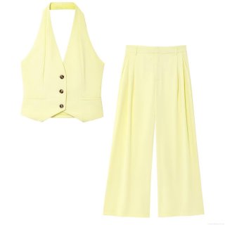 Women's Summer Two Piece Set Halter Neck Single Breasted Vest Top and High Waist Wide Leg Pleated Pants Suit Chic Pale Yellow Streetwear Outfits