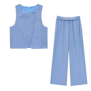 Women's Casual Striped 2 Piece Pant Set Sleeveless Asymmetric Cross Neck Crop Top And High Waisted Wide Leg Pants Polyester Blend Summer Outfits
