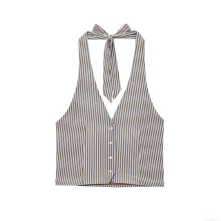 Women's Striped Halter Neck Crop Top And Wide Leg Pants Set 2 Piece Summer Outfits Sexy Backless V Neck Button Down Vest Straight Trousers Casual Beach Vacation Polyester Cotton Blend Clothing