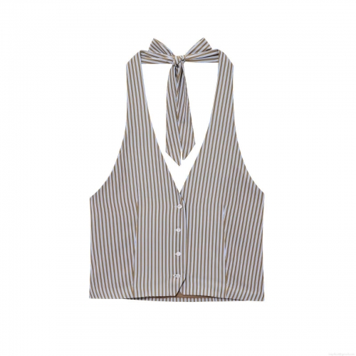 Women's Striped Halter Neck Crop Top And Wide Leg Pants Set 2 Piece Summer Outfits Sexy Backless V Neck Button Down Vest Straight Trousers Casual Beach Vacation Polyester Cotton Blend Clothing