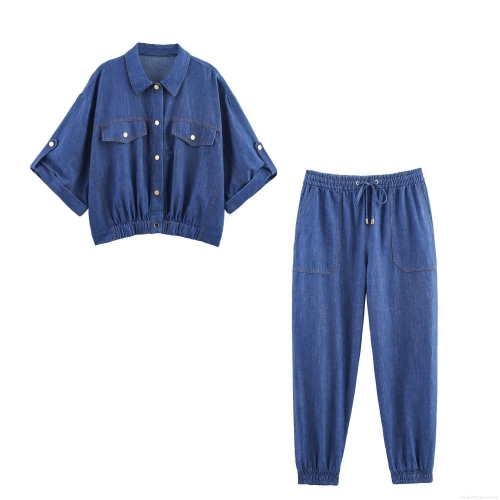 Women's Denim Short Sleeve Jacket And Joggers Set Two Piece Casual Streetwear Tracksuit With Drawstring Pockets Dark Blue Polyester Blend Clothing