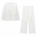 Elegant Solid White Women's Blazer Jacket And High Waist Straight Wide Leg Pants Set Professional Office Business Casual Suit Outfits With Gold Buttons Polyester Formal Trousers Set