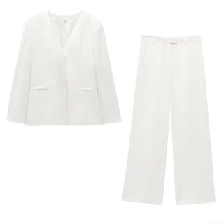 Elegant Solid White Women's Blazer Jacket And High Waist Straight Wide Leg Pants Set Professional Office Business Casual Suit Outfits With Gold Buttons Polyester Formal Trousers Set
