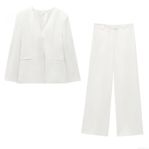 Elegant Solid White Women's Blazer Jacket And High Waist Straight Wide Leg Pants Set Professional Office Business Casual Suit Outfits With Gold Buttons Polyester Formal Trousers Set