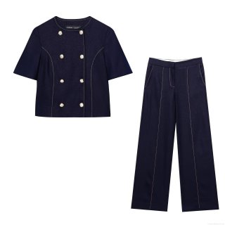 Women's Cotton Linen Short Sleeve Double Breasted Blazer or Straight Leg Pants Two Piece Set Fashion Contrast Stitching Casual Suit for Commute Office