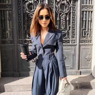 Women's 100% Polyester Two Piece Pants Set Sexy Cutout Waist Short Blazer Top With High Waist Wide Leg Trousers Street Fashion Party Streetwear Suits For Women