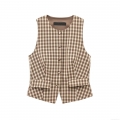 Women Retro Brown Plaid 2 Piece Set Sleeveless Slim Fit V Neck Vest And Pleated Mini Skirt Pants Cotton Blend Casual Streetwear Outfit For Women